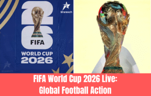 Football stadium filled with fans during FIFA World Cup 2026 match with players in action on the field