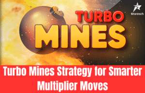 Turbo Mines Strategy guide showing diamond picks, mine placement, risk levels, and multiplier growth on the board.