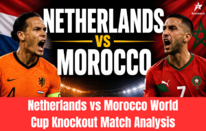 Morocco players celebrate after defeating the Netherlands on penalties in a World Cup knockout match at Monterrey Stadium.
