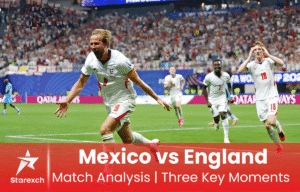 Mexico and England players competing during a high-intensity international football match featuring decisive turning points