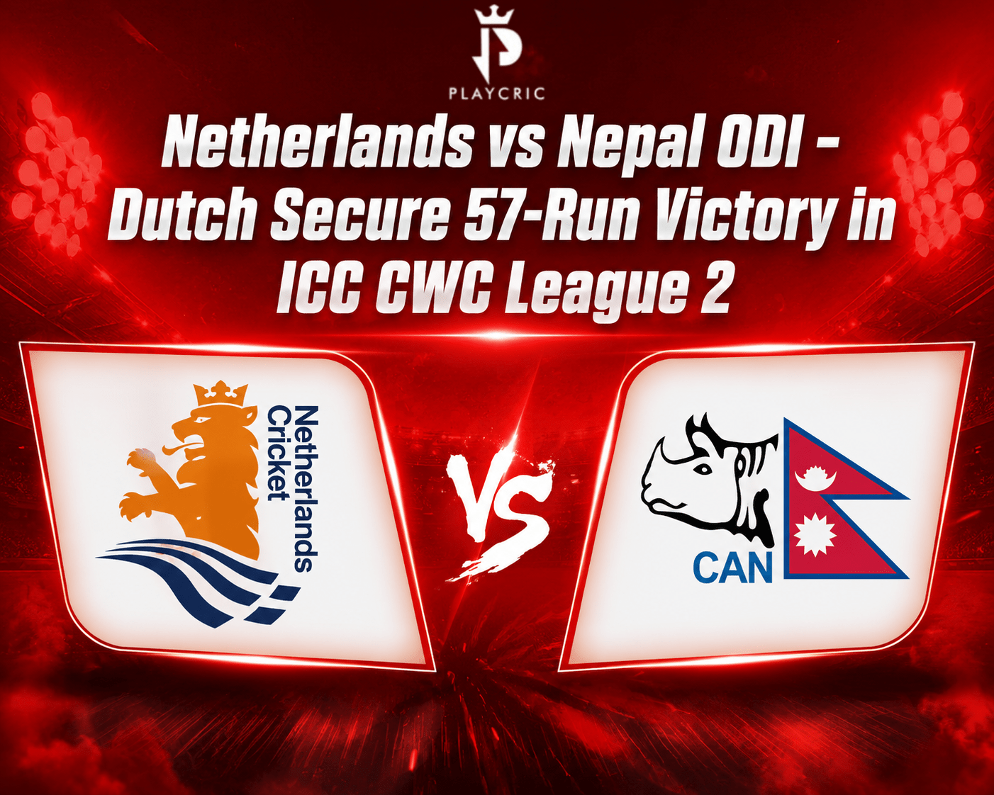 Netherlands vs Nepal ODI match in ICC CWC League 2 with Dutch players celebrating a 57-run victory over Nepal in Utrecht