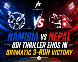 Namibia National Cricket Team celebrates a thrilling 3-run victory over the Nepal National Cricket Team during the ICC CWC League 2 match in Utrecht.