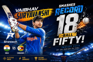Vaibhav Suryavanshi celebrates after scoring a record-breaking 18-ball fifty during the India vs Zimbabwe T20 match in Harare.